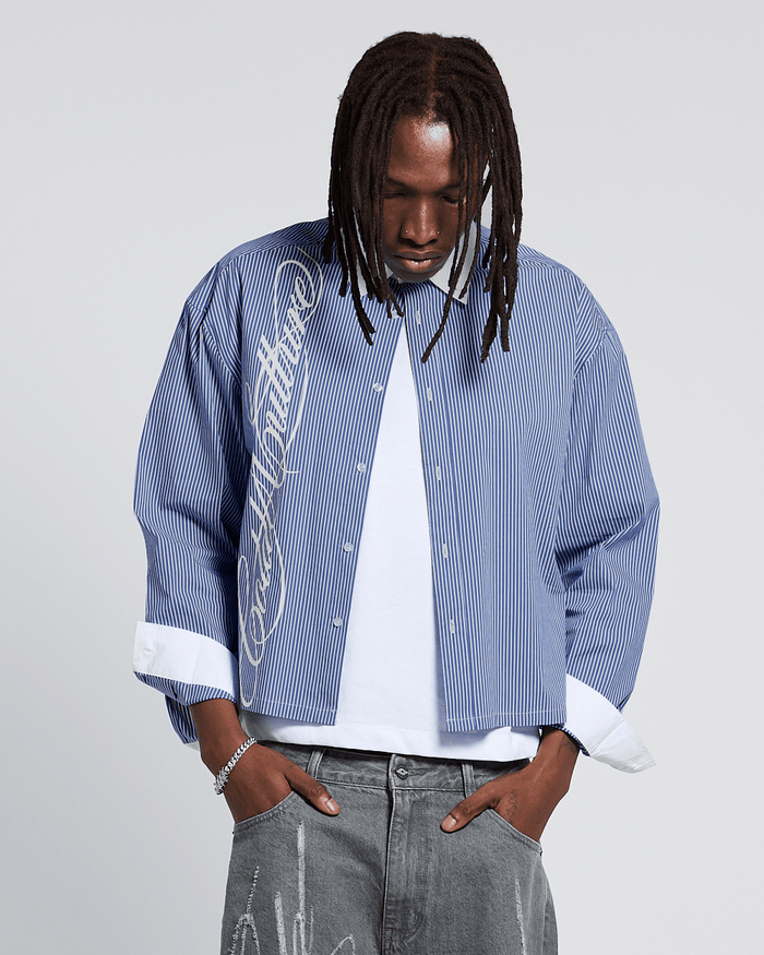 SCRIPT SHIRT BLUE & WHITE - blue striped long sleeve shirt, front view on male model - Cold Culture #man
