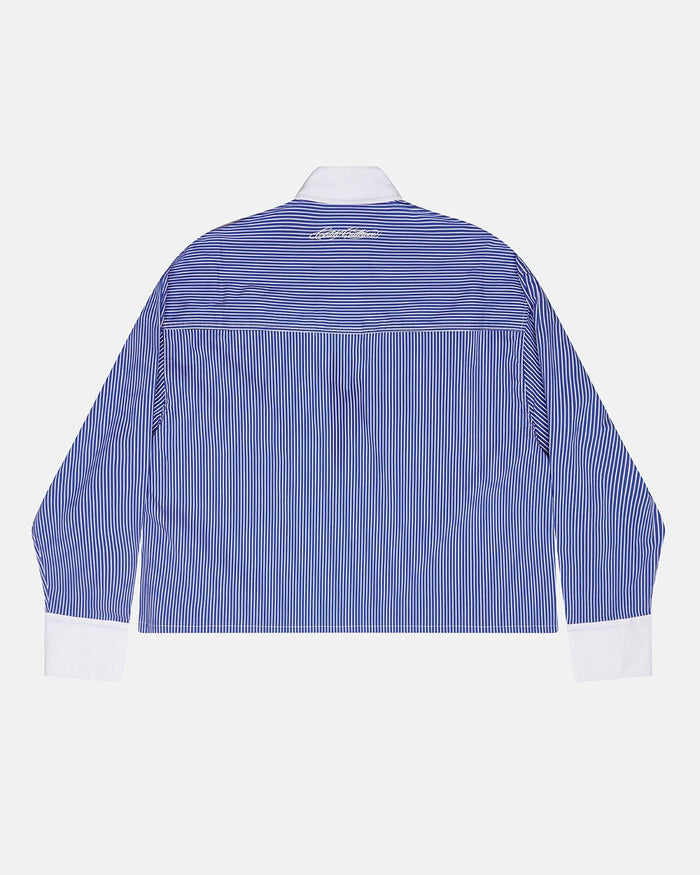 SCRIPT SHIRT BLUE & WHITE - blue striped long sleeve shirt, back view - Cold Culture