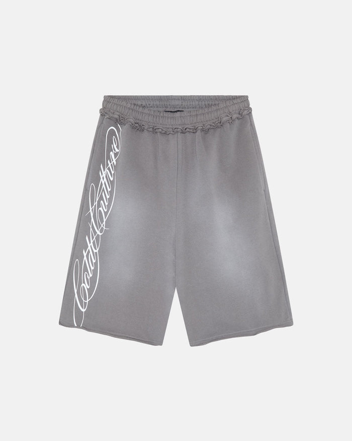 SCRIPT SHORT ANTRACITE GREY - washed grey shorts, front view - Cold Culture