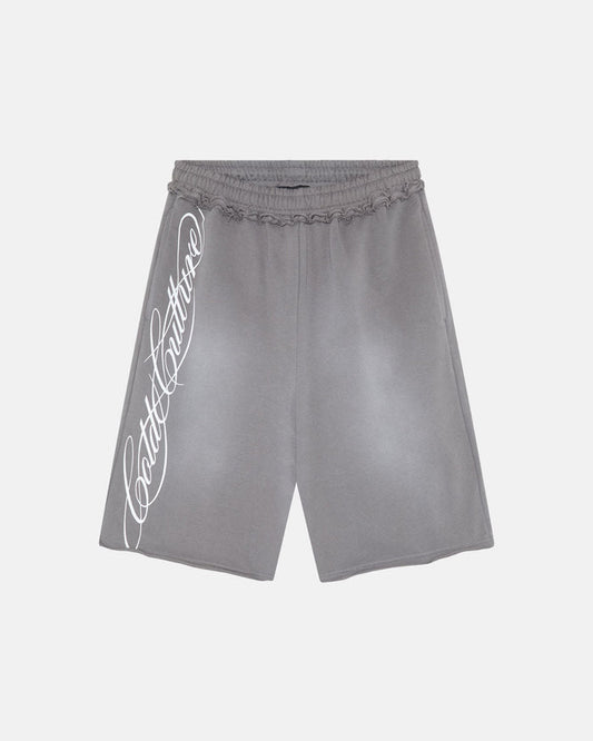 SCRIPT SHORT ANTRACITE GREY - washed grey shorts, front view - Cold Culture