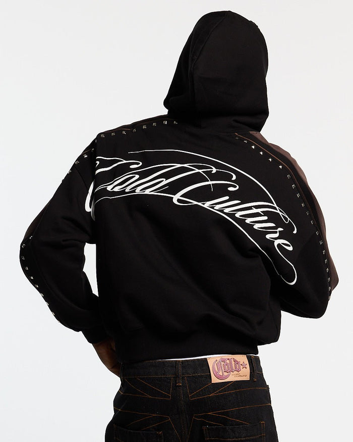 SCRIPT STUDS HOODIE BLACK - black studded hoodie, back view on male model - Cold Culture #man