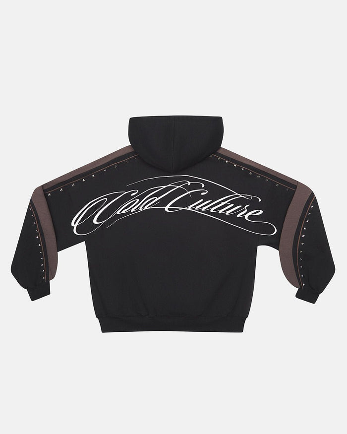 SCRIPT STUDS HOODIE BLACK - black studded hoodie, back view - Cold Culture