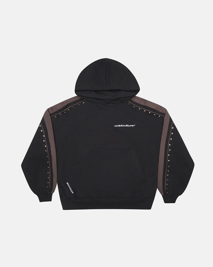 SCRIPT STUDS HOODIE BLACK - black studded hoodie, front view - Cold Culture
