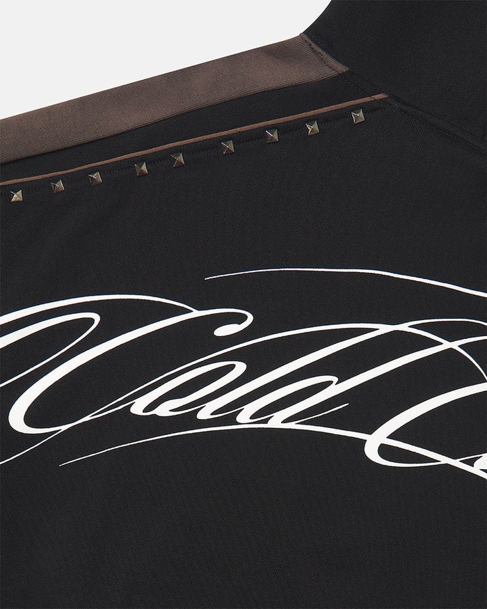 SCRIPT STUDS HOODIE BLACK - black studded hoodie, detail close-up - Cold Culture