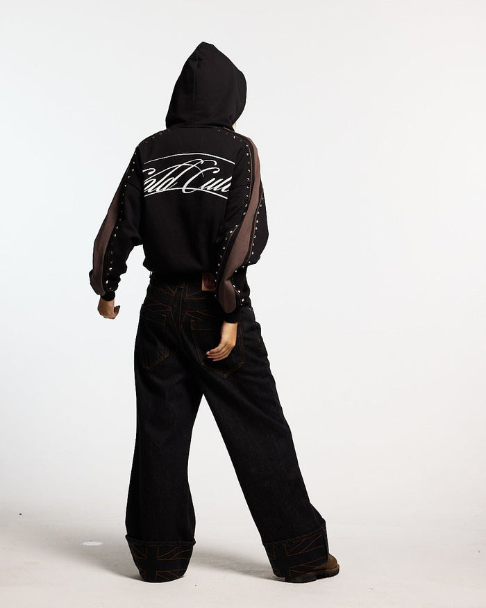 SCRIPT STUDS HOODIE BLACK - black studded hoodie, back view on female model - Cold Culture #woman