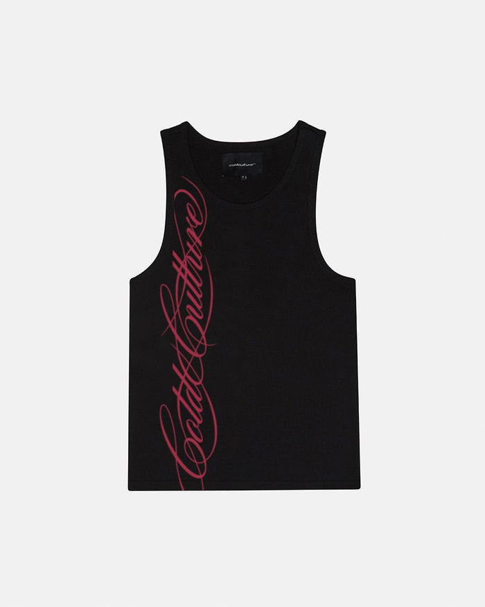 SCRIPT TANK TOP BLACK - black ribbed tank top, front view - Cold Culture