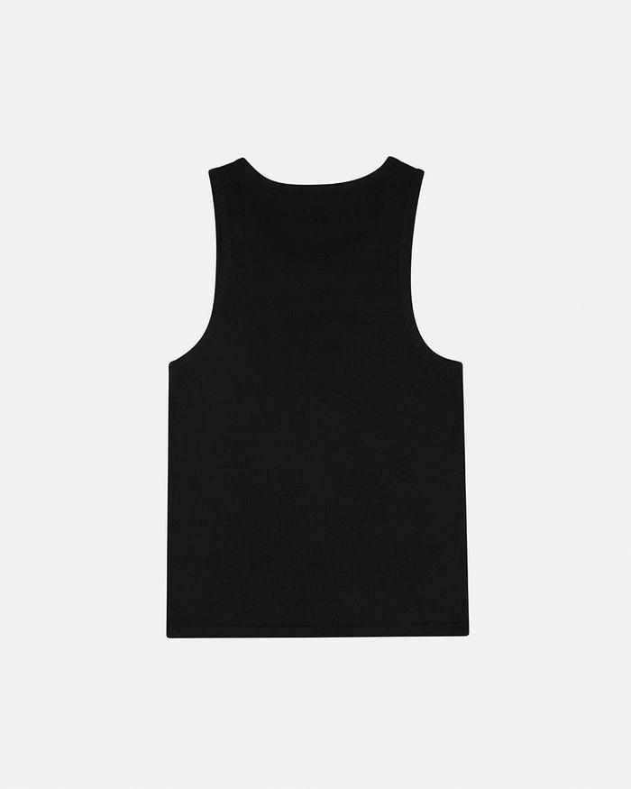 SCRIPT TANK TOP BLACK - black ribbed tank top, back view - Cold Culture