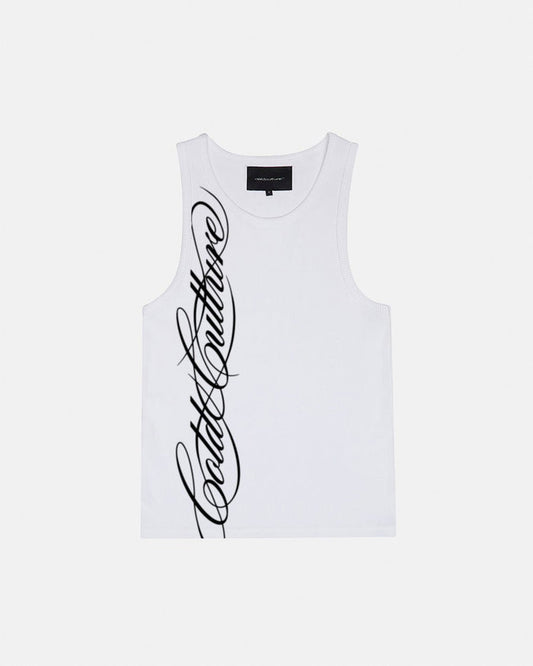 SCRIPT TANK TOP WHITE - white ribbed tank top, front view - Cold Culture
