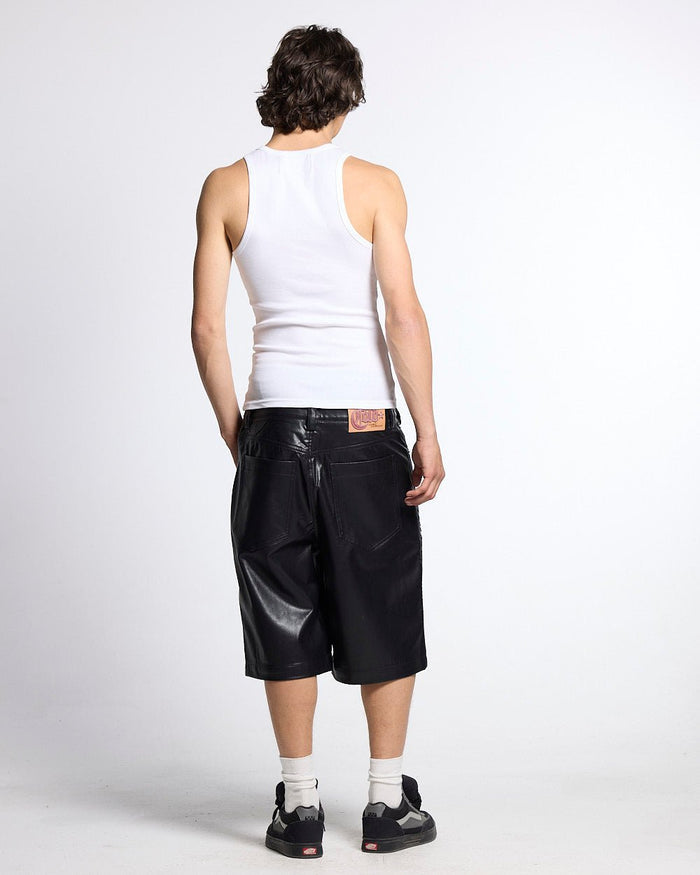 SCRIPT TANK TOP WHITE - white ribbed tank top, back view on male model - Cold Culture