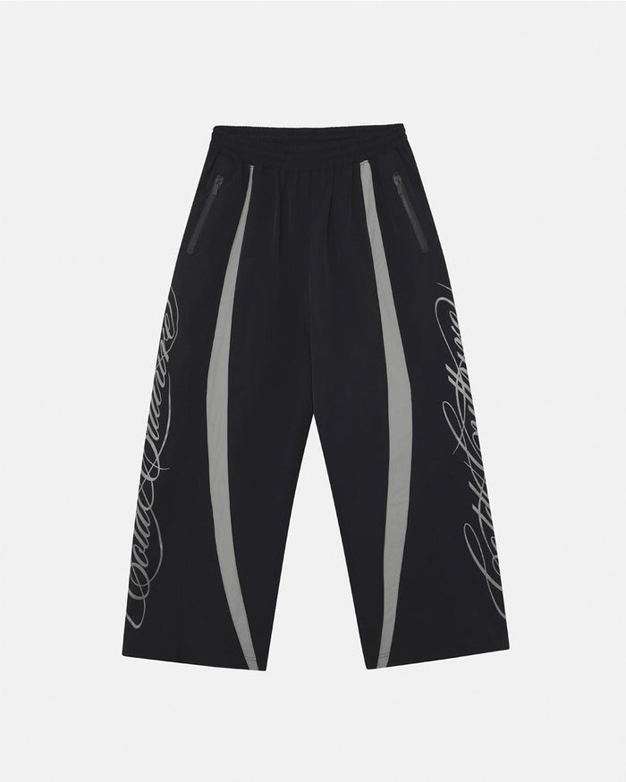 SCRIPT TECH PANTS BLACK - black script print sweatpants, front view - Cold Culture #woman