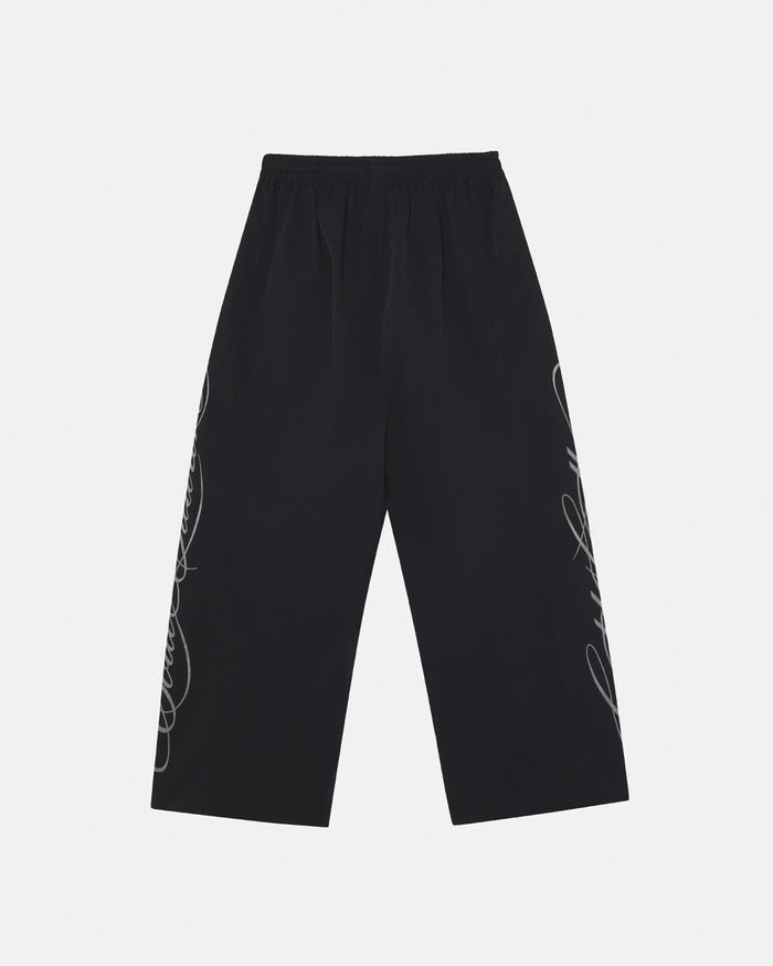 SCRIPT TECH PANTS BLACK - black script print sweatpants, back view - Cold Culture