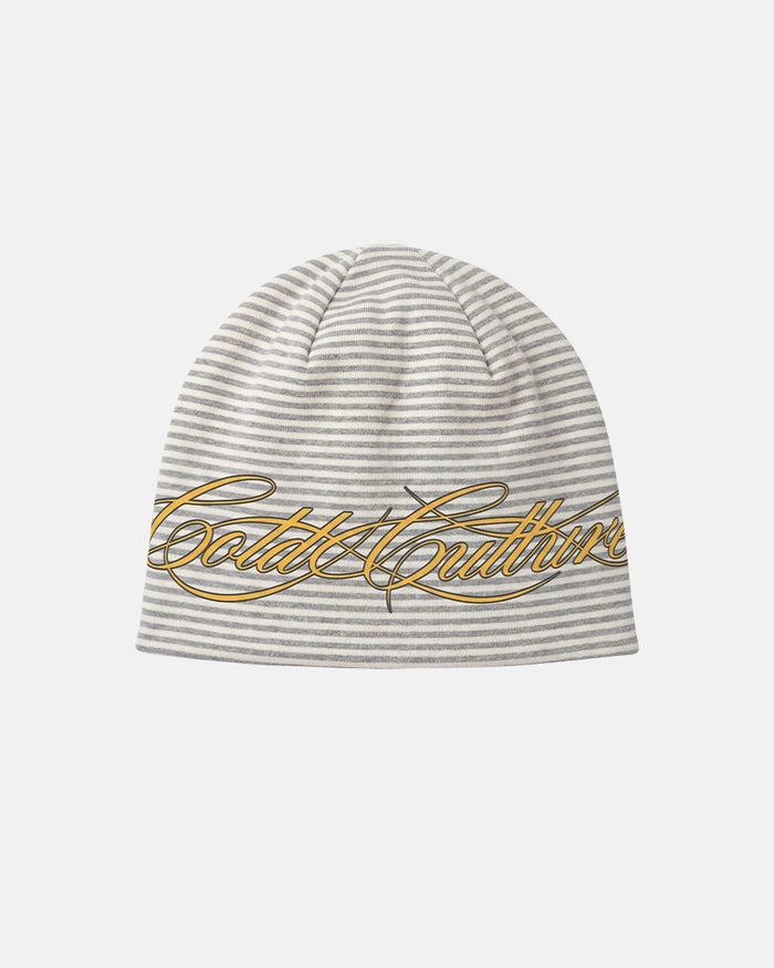 SCRIPTED STRIPES BEANIE WHITE - white striped beanie, front view - Cold Culture
