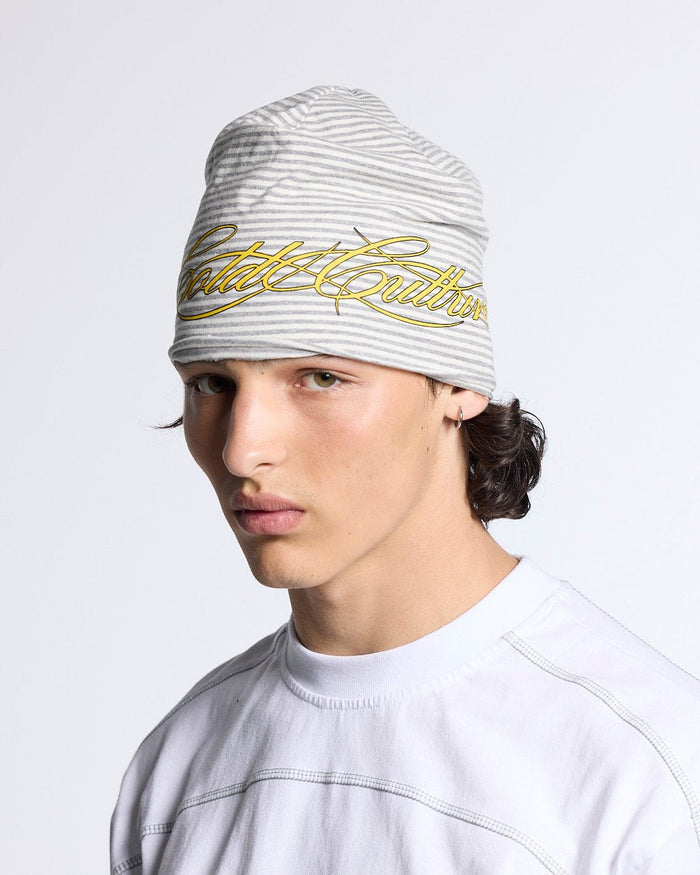 SCRIPTED STRIPES BEANIE WHITE - white striped beanie, front view on male model - Cold Culture