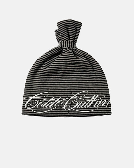 SCRIPTED STRIPES KNOT BEANIE BLACK - black striped knot beanie, front view - Cold Culture