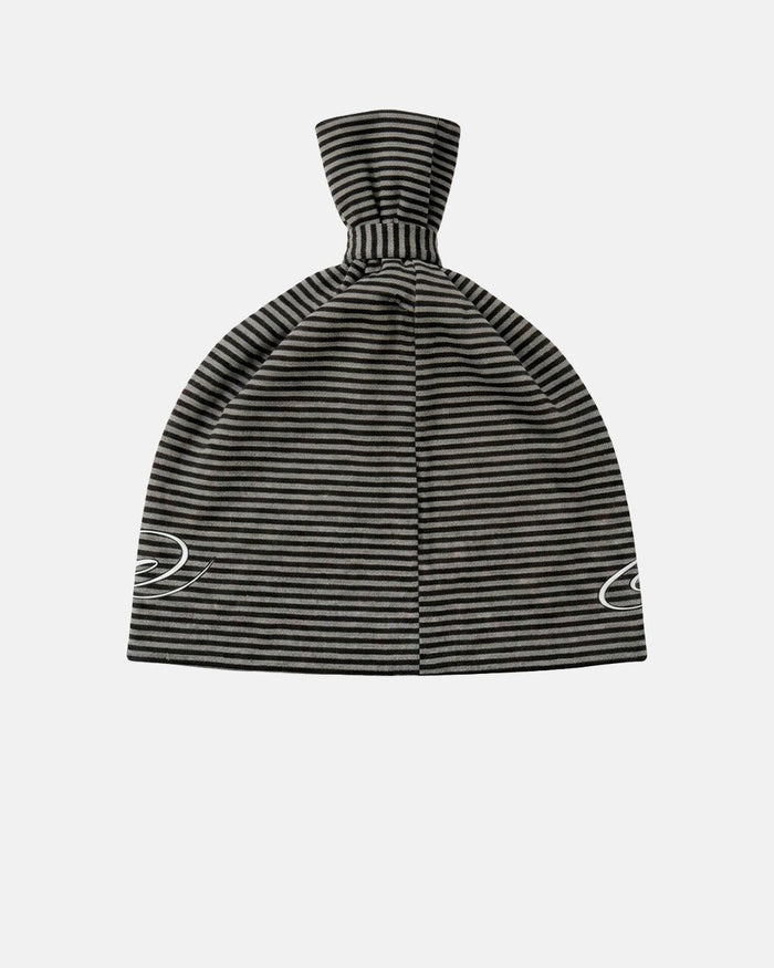 SCRIPTED STRIPES KNOT BEANIE BLACK - black striped knot beanie, back view - Cold Culture