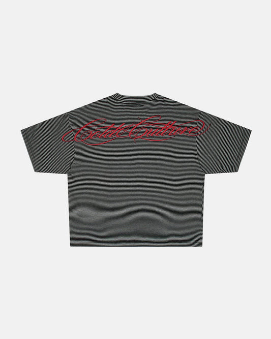 SCRIPTED STRIPES TEE BLACK - black striped tee, back view - Cold Culture
