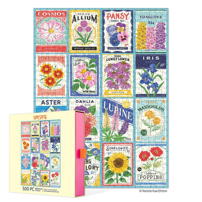 Floral seed packet puzzle with colorful illustrations on a white background