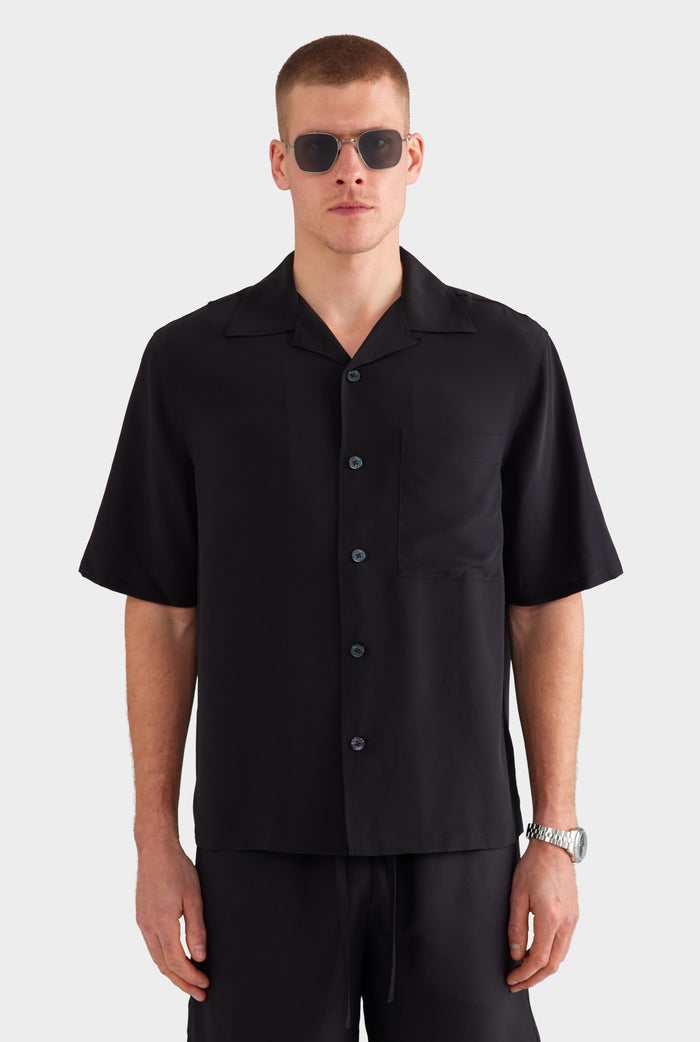 Short Sleeve Silk Camp Collar Shirt - Black