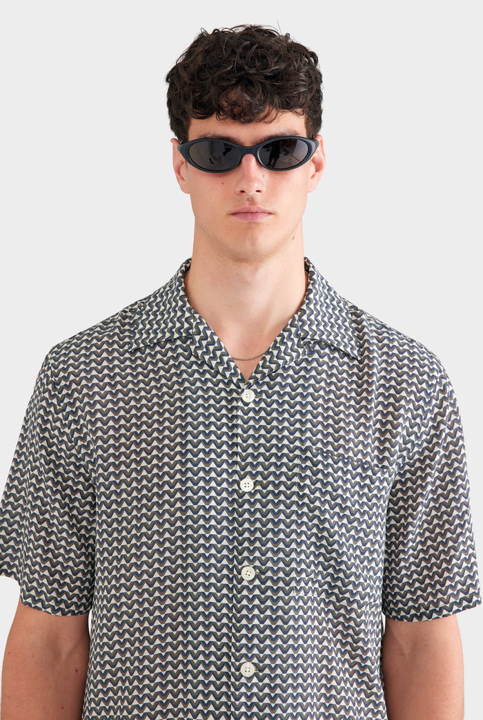 Short Sleeve Silk Camp Collar Shirt - Cream/Navy/Brown V Monogram