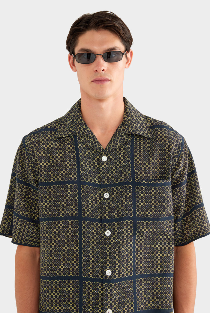 Short Sleeve Silk Camp Collar Shirt - Geometric Tile - XS