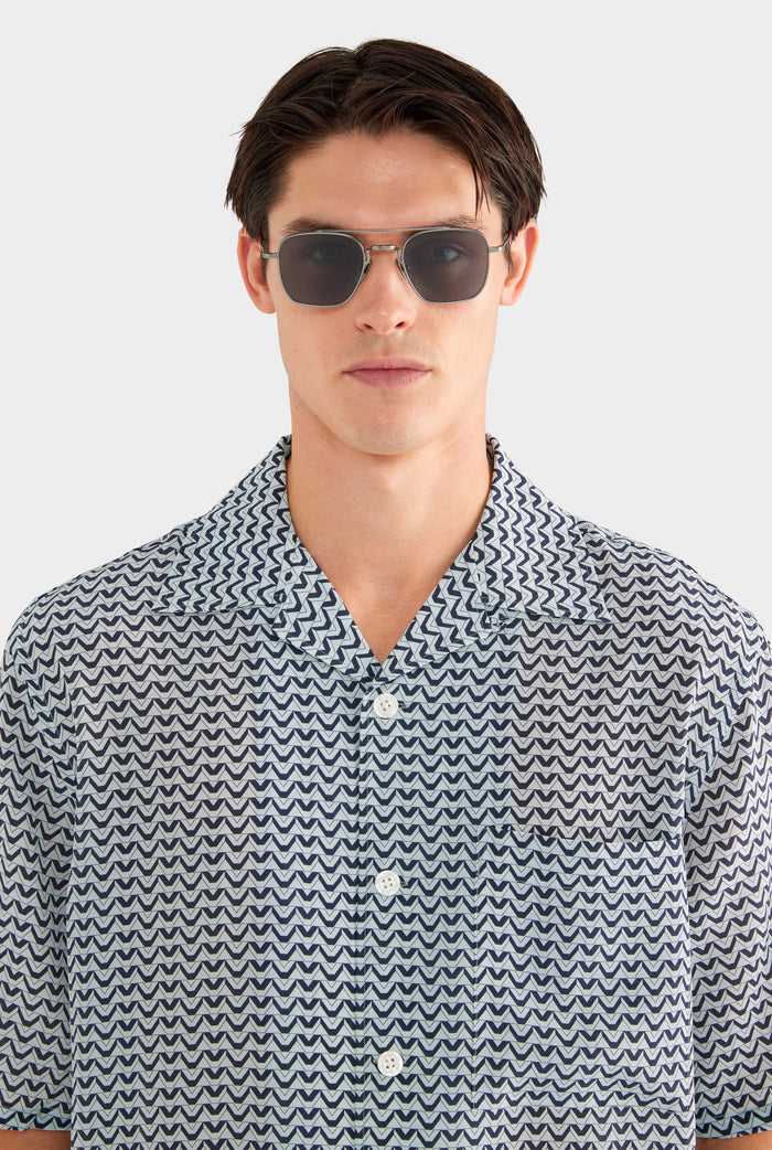 Short Sleeve Silk Camp Collar Shirt - Navy/Cement V Monogram - XS