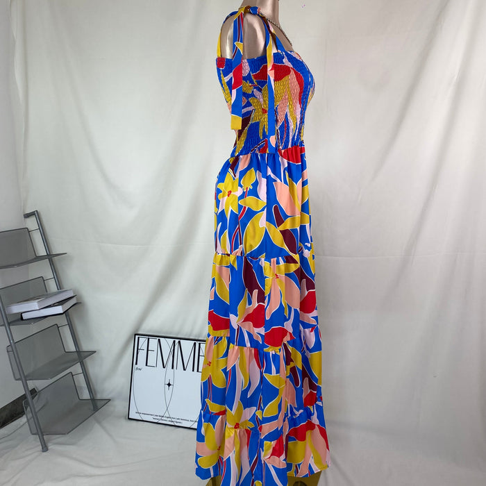Short-sleeved printed long-sleeved halter dress