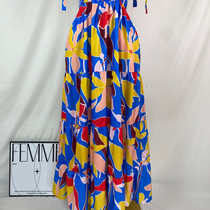Short-sleeved printed long-sleeved halter dress