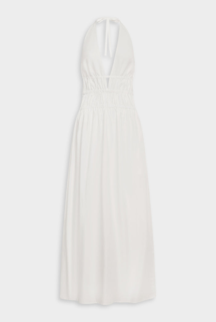 Venroy Silk Cotton Gathered Halter Maxi Dress - White
