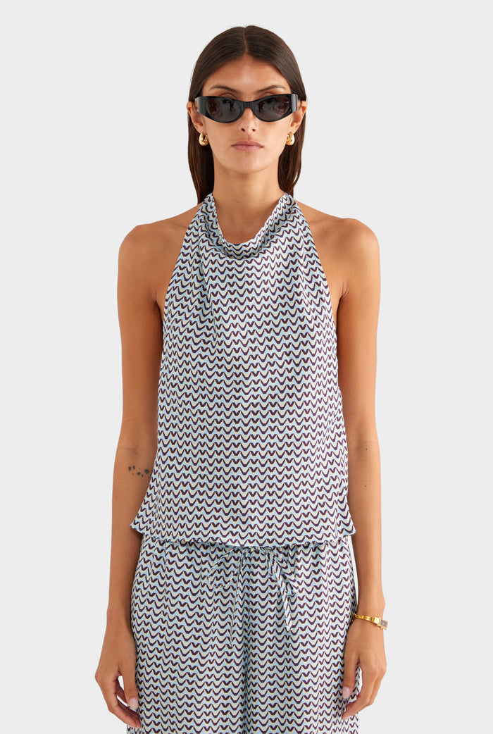 Silk High Neck Halter Top - Blue/Plum/Butter V Monogram - XS