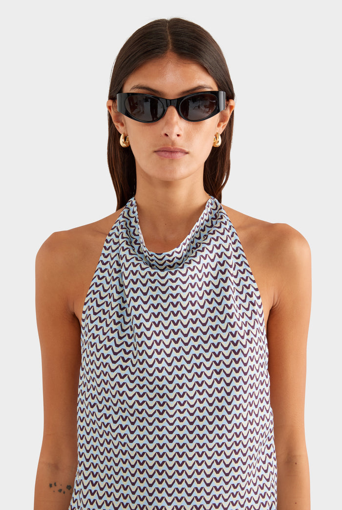Silk High Neck Halter Top - Blue/Plum/Butter V Monogram - XS
