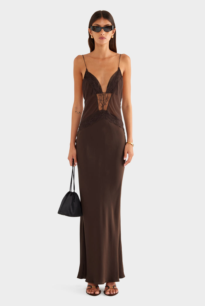 Silk Lace Panelled Slip Dress - Dark Chocolate - XS