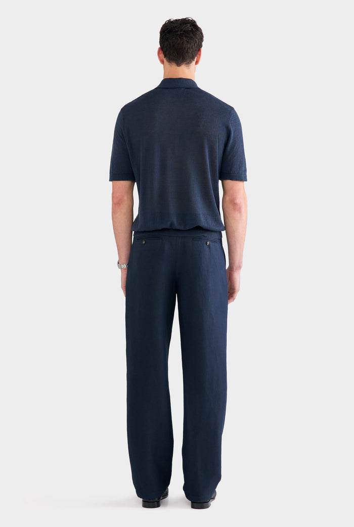 Silk Linen Side Tab Trouser - Navy