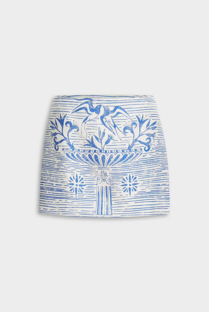 Venroy Silk Mini Skirt - White/Blue Greek Stamp