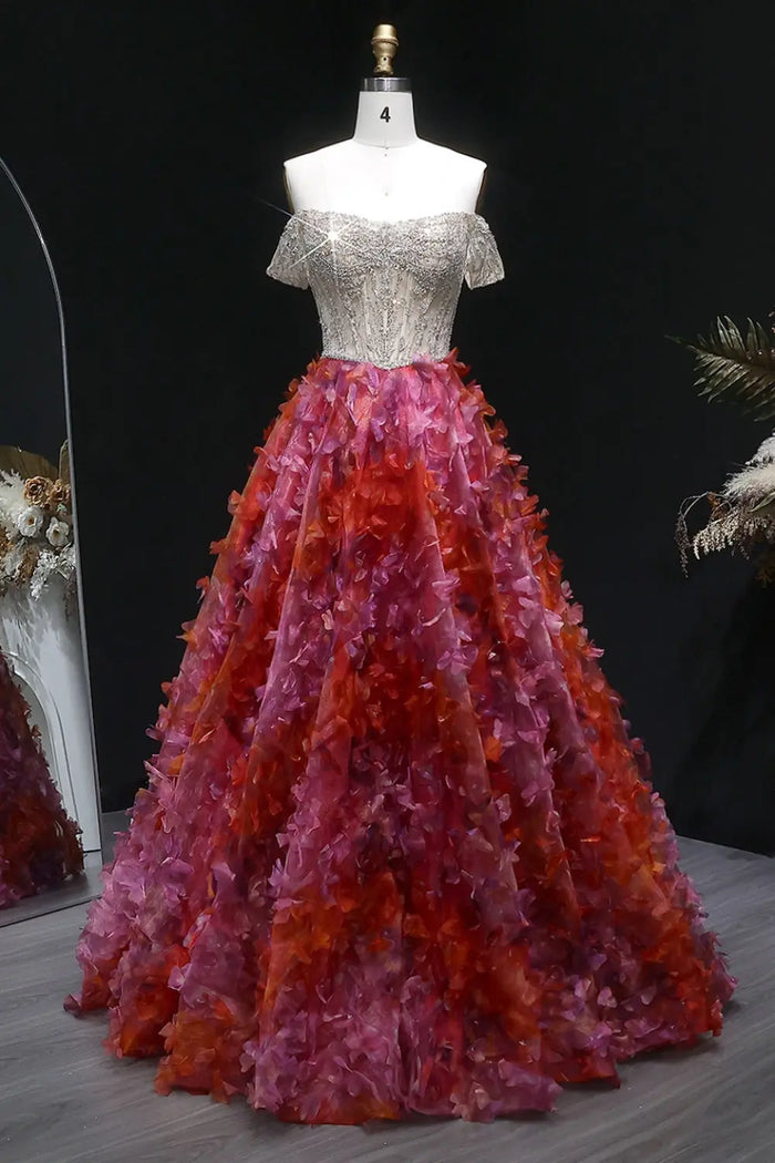 Silver Beaded Off-the-Shoulder Ball Gown Red Prom Dress SH147 Sheer Fairy