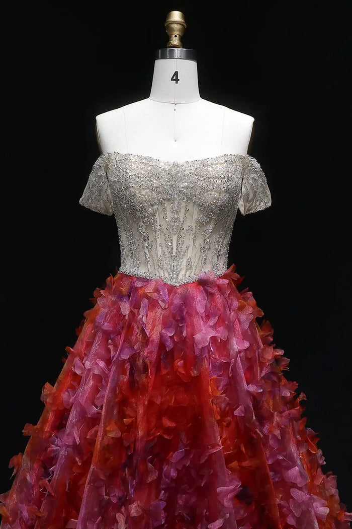 Silver Beaded Off-the-Shoulder Ball Gown Red Prom Dress SH147 Sheer Fairy
