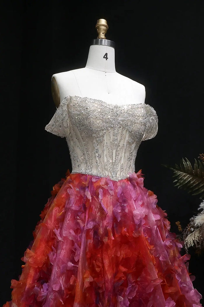 Silver Beaded Off-the-Shoulder Ball Gown Red Prom Dress SH147 Sheer Fairy