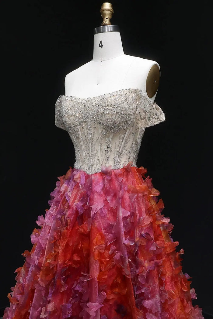 Silver Beaded Off-the-Shoulder Ball Gown Red Prom Dress SH147 Sheer Fairy