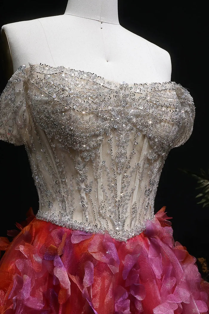 Silver Beaded Off-the-Shoulder Ball Gown Red Prom Dress SH147 Sheer Fairy