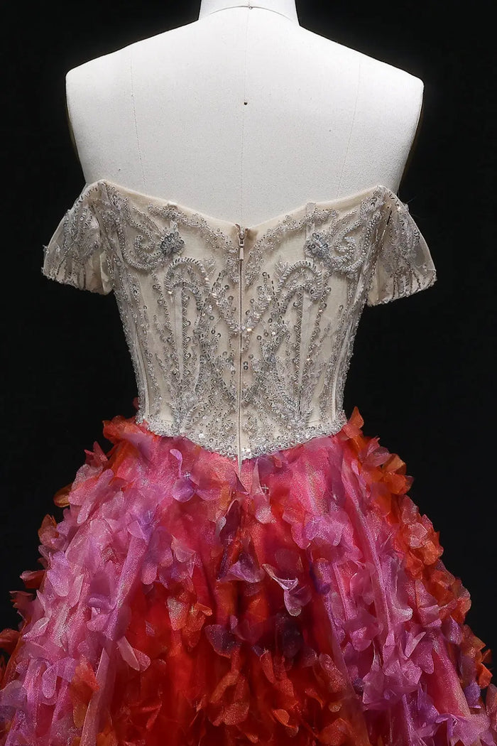 Silver Beaded Off-the-Shoulder Ball Gown Red Prom Dress SH147 Sheer Fairy