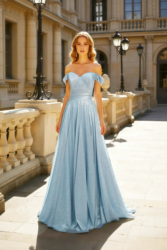 Sky Blue Off-the-Shoulder Sequin Ball Gown Prom Dress SH487 Sheer Fairy