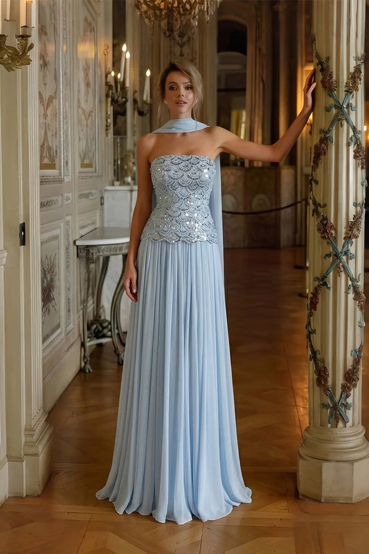 Sky Blue Sequin Bodice Strapless Pleated Long Evening Dress SS651 Sheer Fairy