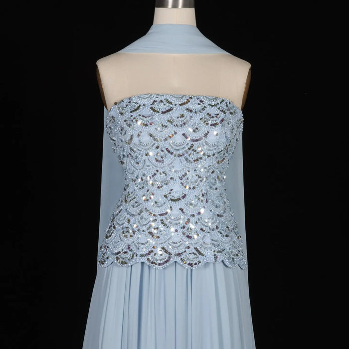 Sky Blue Sequin Bodice Strapless Pleated Long Evening Dress SS651 Sheer Fairy
