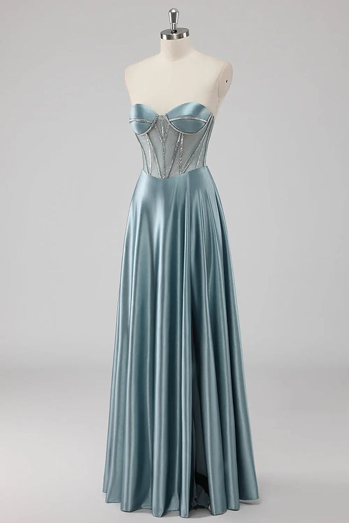 Sky Blue Strapless Sweetheart Satin A-Line Prom Dress SH498 Sheer Fairy