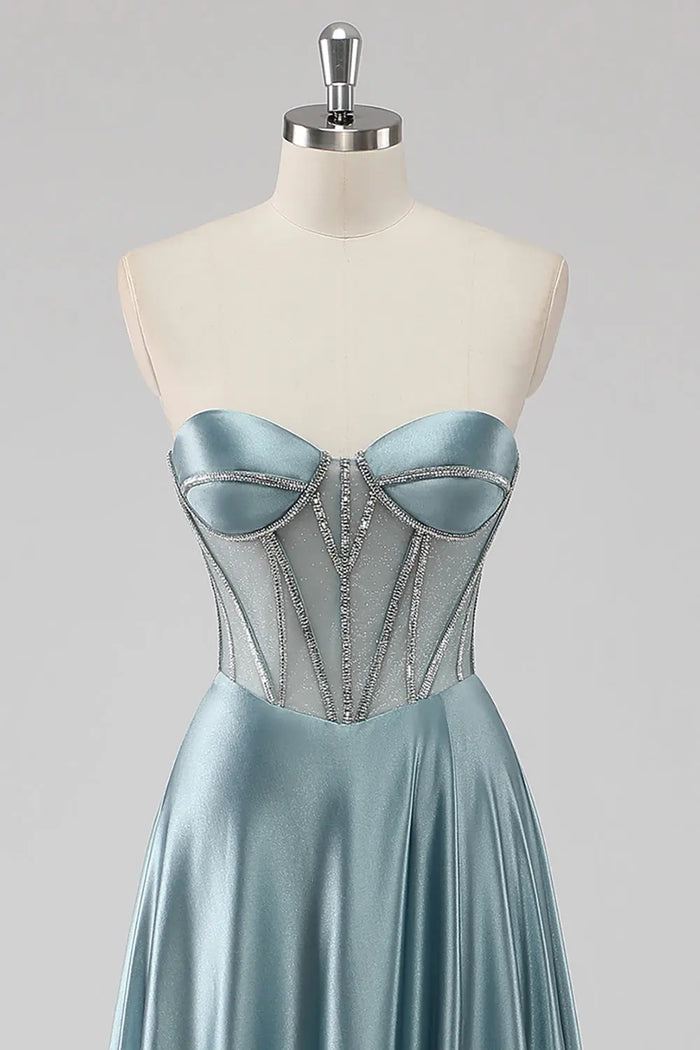 Sky Blue Strapless Sweetheart Satin A-Line Prom Dress SH498 Sheer Fairy