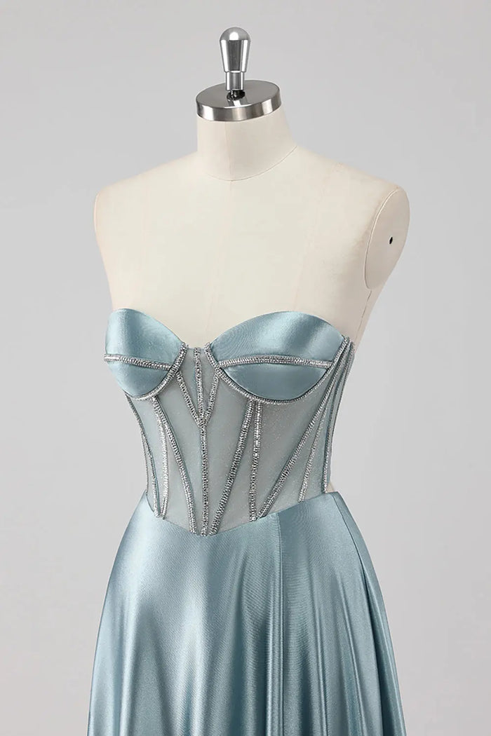 Sky Blue Strapless Sweetheart Satin A-Line Prom Dress SH498 Sheer Fairy