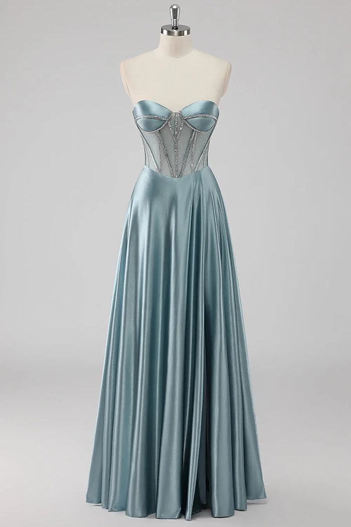 Sky Blue Strapless Sweetheart Satin A-Line Prom Dress SH498 Sheer Fairy