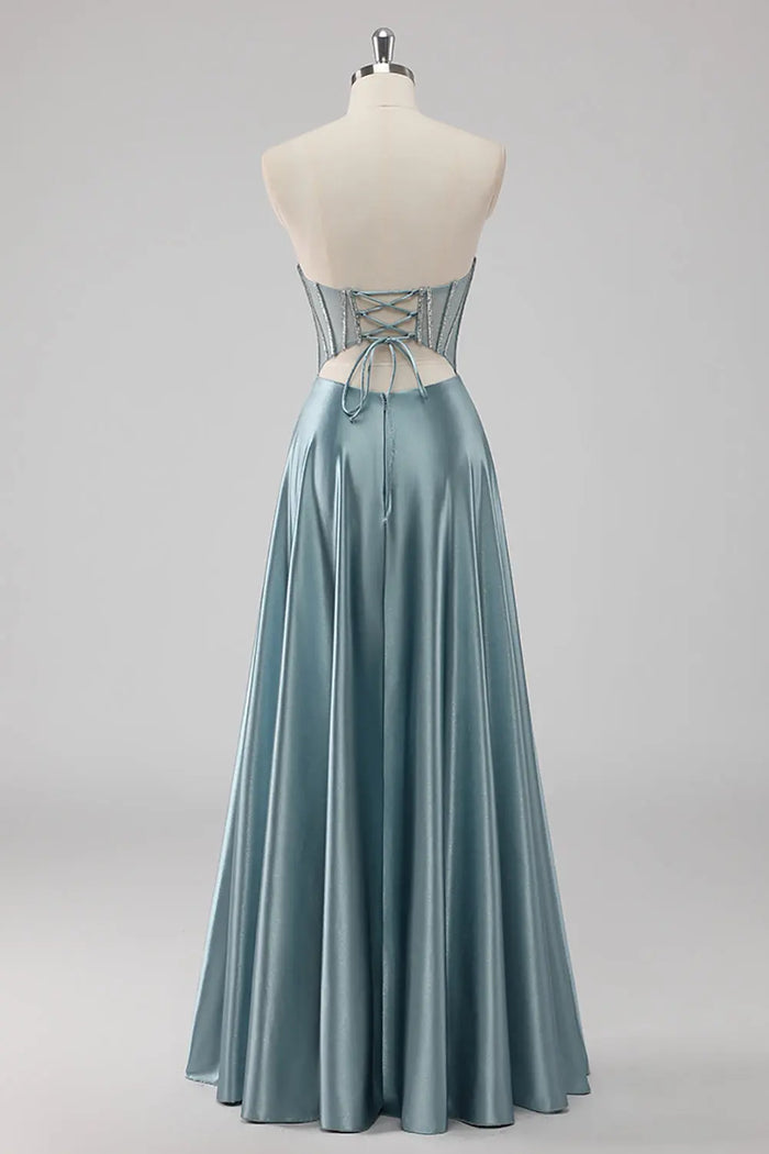 Sky Blue Strapless Sweetheart Satin A-Line Prom Dress SH498 Sheer Fairy