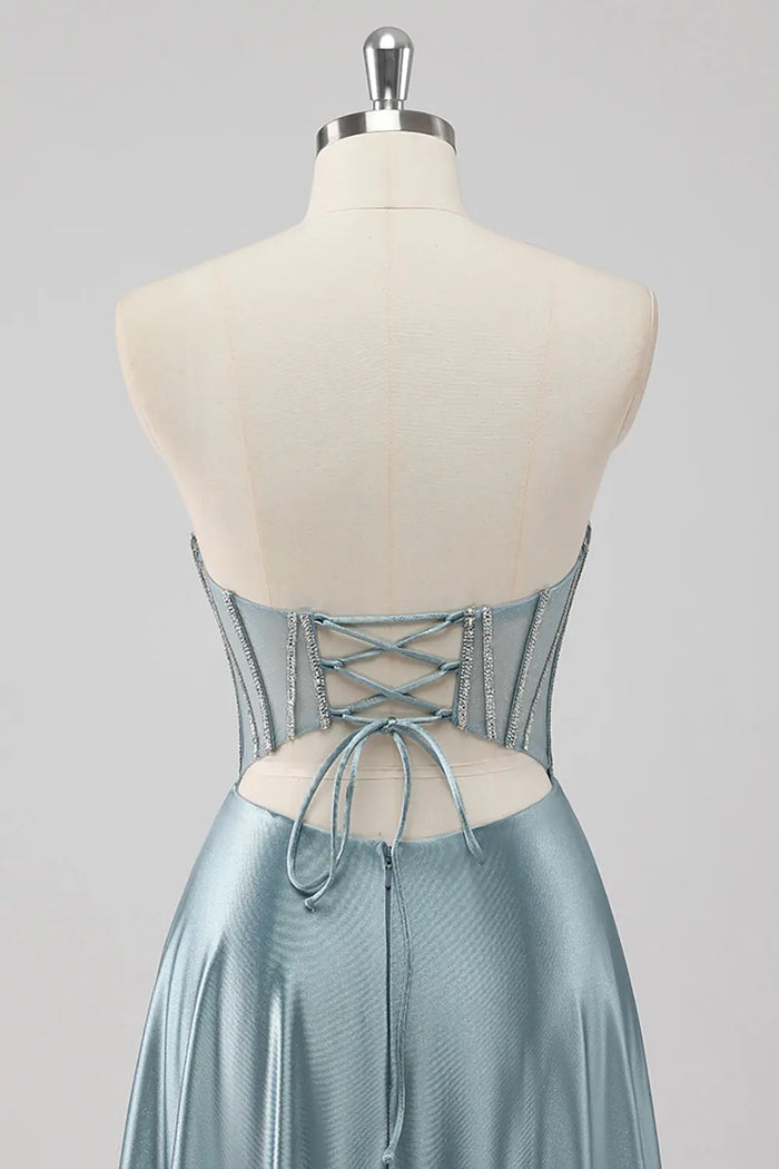 Sky Blue Strapless Sweetheart Satin A-Line Prom Dress SH498 Sheer Fairy