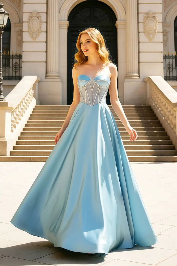 Sky Blue Strapless Sweetheart Satin A-Line Prom Dress SH498 Sheer Fairy