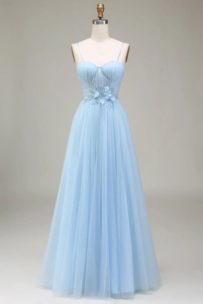 Sky Blue Tulle Ball Gown Prom Dress Sweetheart Spaghetti Strap SH495 Sheer Fairy